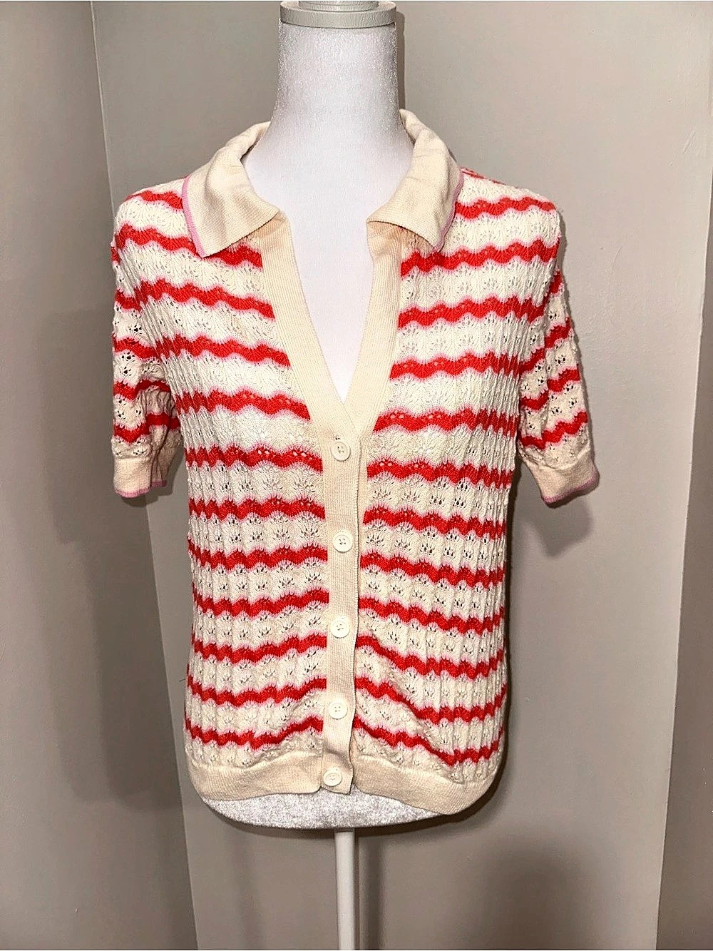 Marine Layer Striped Cardigan in Cream & Red Pink Size Medium 100% Cotton
